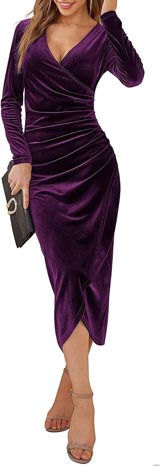 Yutdeng Winterkleid Damen Elegant Samtkleid Lang Abendkleid V-Ausschnitt Partykleid Bodycon Cocktail
