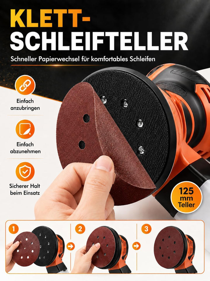 Exzenterschleifer 125mm, 350W Schleifmaschine 6000-13000 U/min, 6 Geschwindigkeiten, mit Staubabsaug