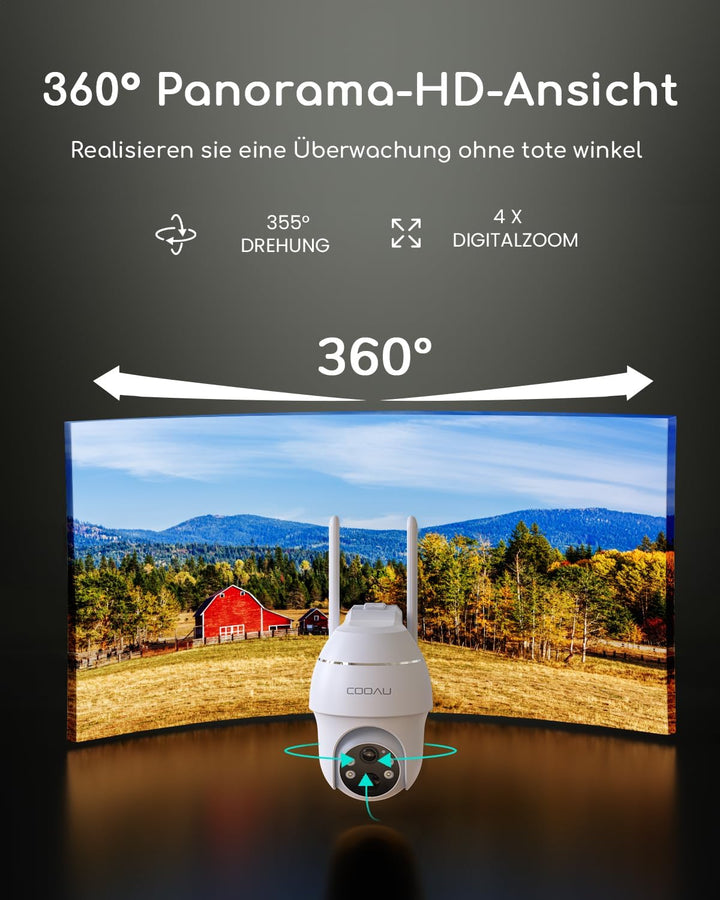 COOAU 4G LTE Überwachungskamera Aussen Akku mit SIM Karte+64GB Kartenspeicher+Solarpanel, Kamera übe