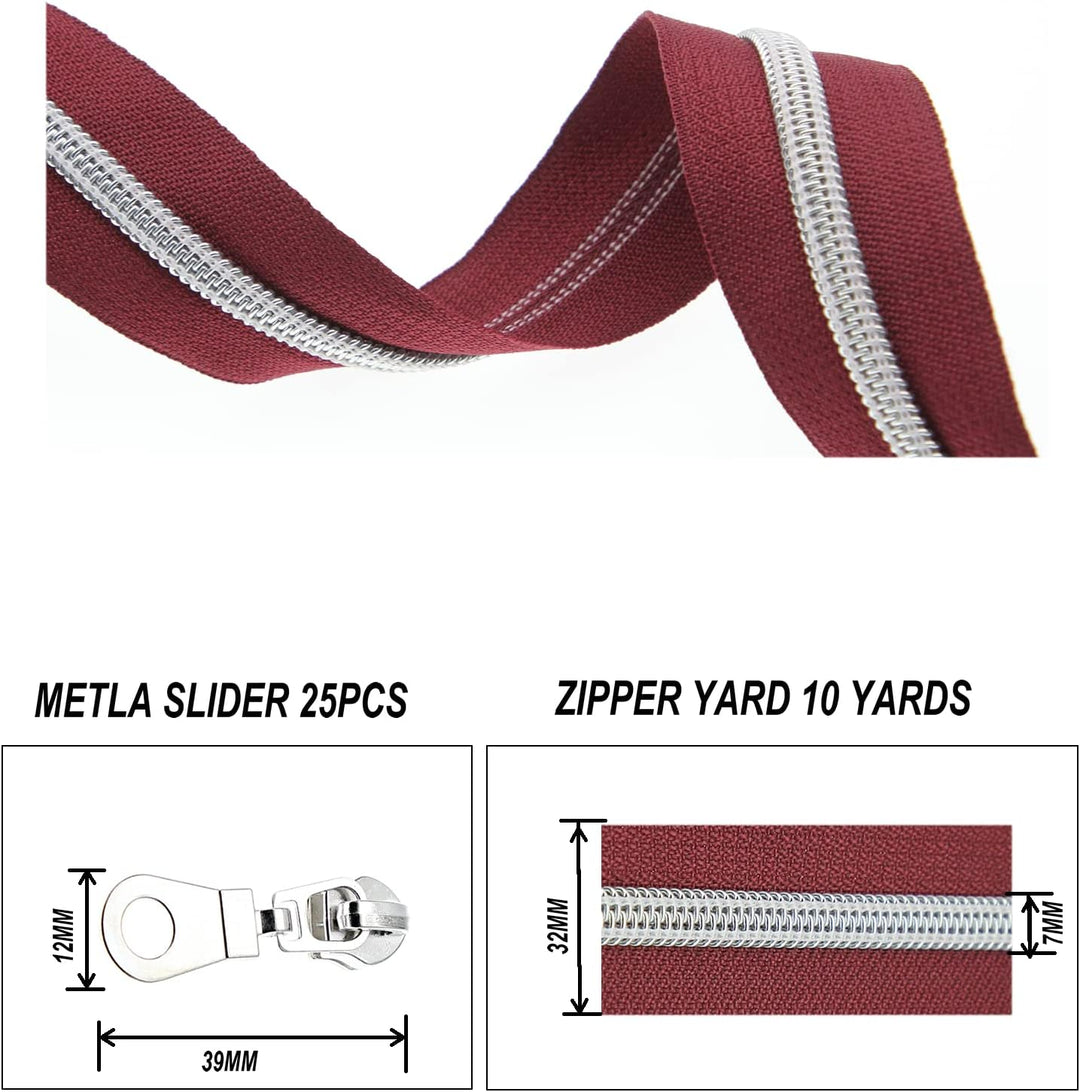 #5 Metallic Nylonspulen-Reissverschlüsse Meterware 10 Yards wein rotes Klebeband mit 25 Stück Silber
