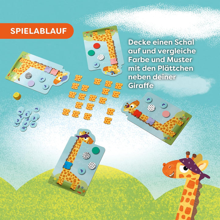 HABA Lasse Giraffe – Farbenfrohes Memo- &amp; Würfelspiel für Kinder ab 3 Jahren – Lustiges Sammelspiel