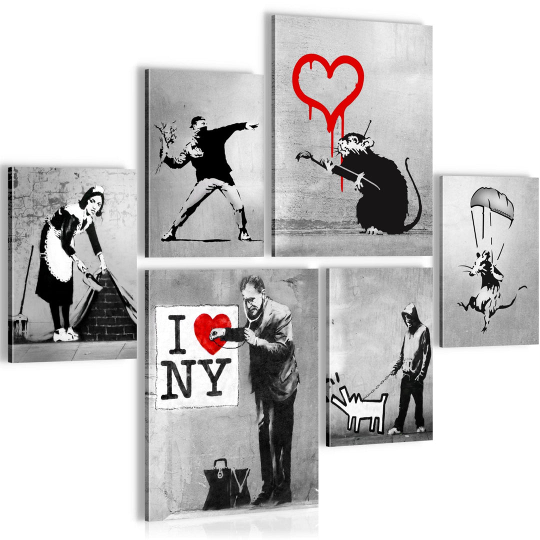 Novart Bilder Set - AUFHÄNGFERTIG - KEIN EXTRA RAHMEN BENÖTIGT - Banksy Collage Modern Street Art -