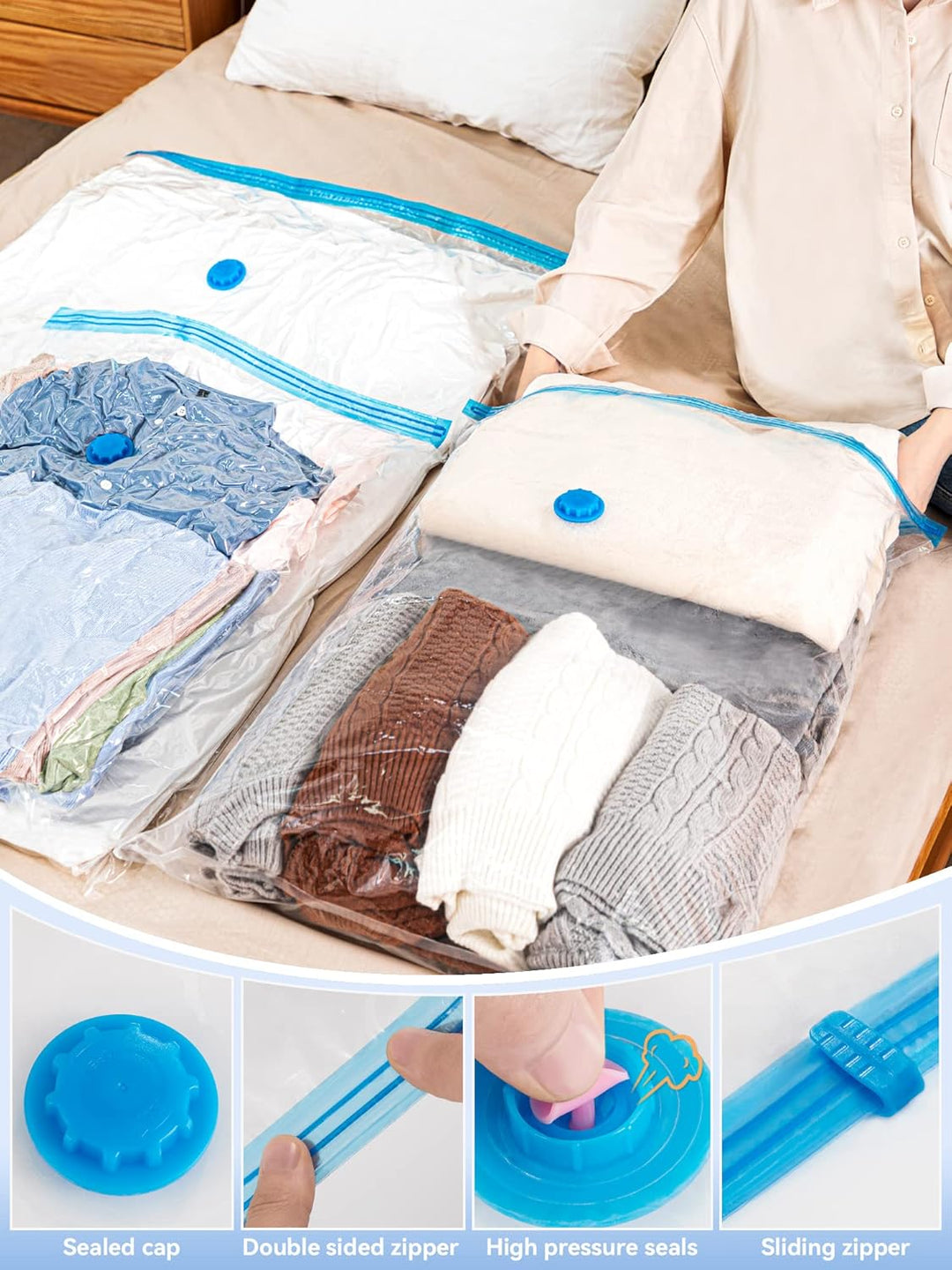HEETA 6 Stück Vakuumbeutel für Kleidung(3 Jumbo+3 Gross) Vakuum Wiederverwendbar Kleiderbeutel mit A
