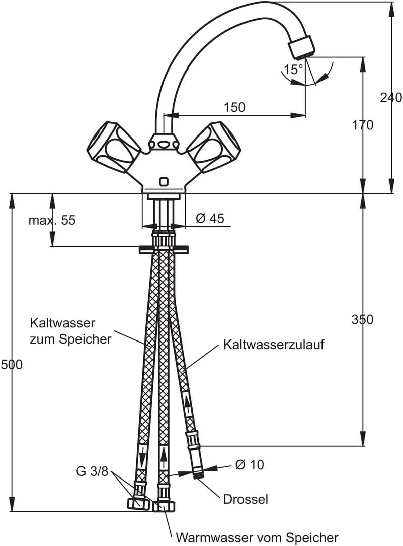 Ideal Standard B2163AA Niederdruck-Mischarmatur Ausladung 150 mm flexible Schläuche, chrom