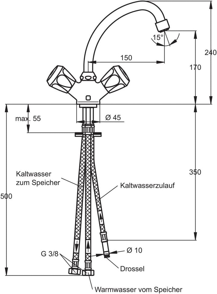 Ideal Standard B2163AA Niederdruck-Mischarmatur Ausladung 150 mm flexible Schläuche, chrom