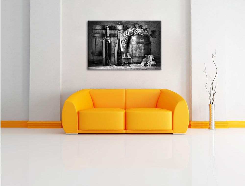 Pixxprint Monocrome, Fässer mit Weintrauben und Wein, Format: 100x70 auf Leinwand, 100x70