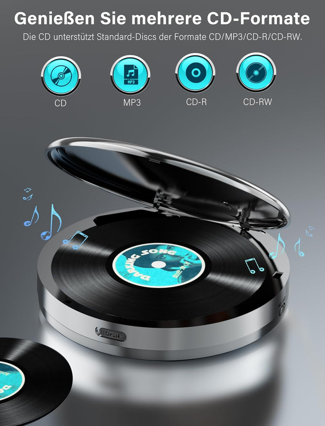 Walkman CD-Player mit Bluetooth - 2000mAh Wiederaufladbarer Discman CD-Player mit FM-Transmitter, Ko