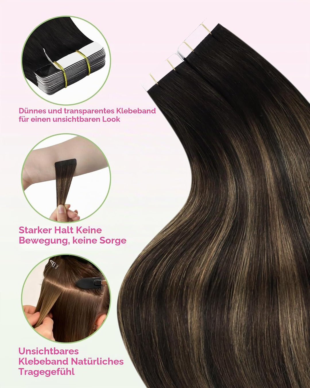 YoungSee Echthaar Extensions Tape Braun 60 cm Tape Extensions Echthaar Braun Ombre Echthaar Tape in