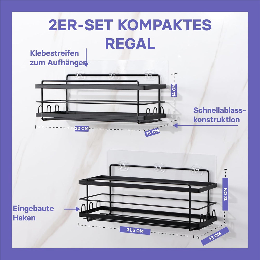KINCMAX 2er Pack Duschablage ohne Bohren - Duschregal Set mit 2 Grössen - 2x Badregal Shampoo Halter