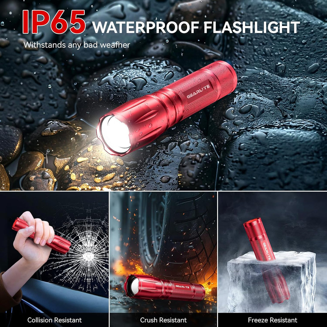 GEARLITE LED Taschenlampe Batteriebetrieben 2 Stücke, 2000 Lumen Extrem Hell Mit 5 Modi, IP65 Wasser