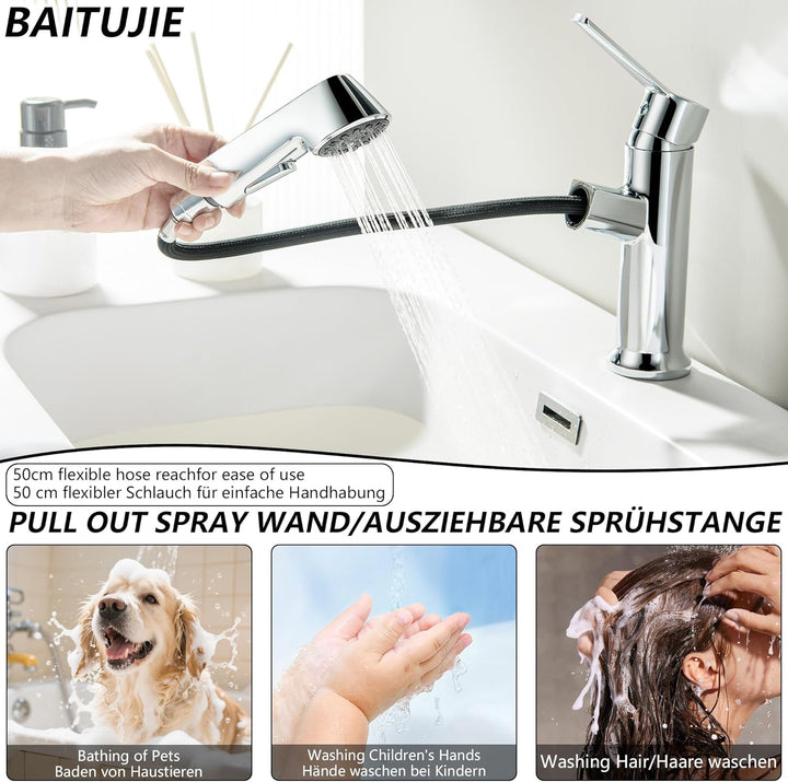 Waschtischarmatur ausziehbar mit Brause, Moderne Wasserhahn Bad Armatur mit 2 Strahlarten, Badarmatu