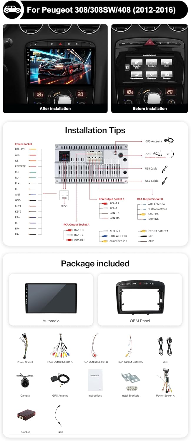 Android 15 Autoradio Passt für Peugeot 308/408 (2010-2016) - 2G+64G - Eingebaut Carplay/Android Auto