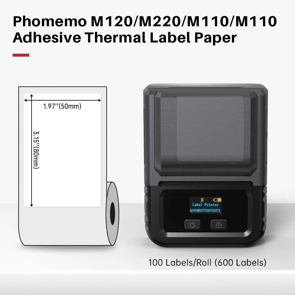 Phomemo 6 Rollen Etikettenpapier für Etikettendrucker, 1.96''*3.14''(50x30mm) Thermodrucker Etikette
