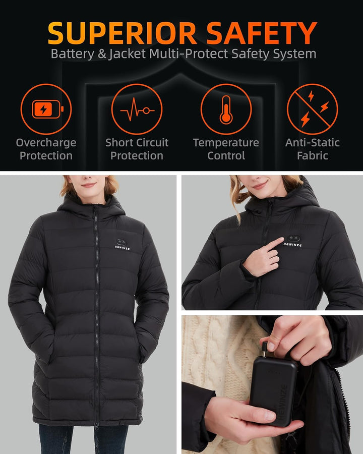 HEWINZE Beheizbare Jacke Damen Winter Mantel mit Kapuze Warmer Wasserdicht Lang Jacke Steppmantel Fe