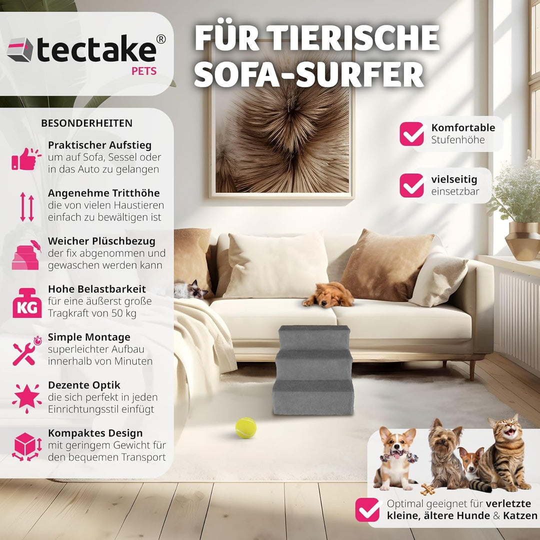 tectake® Hundetreppe oder Katzentreppe, Haustiertreppe, Einstiegshilfe mit waschbarem Bezug, extra F