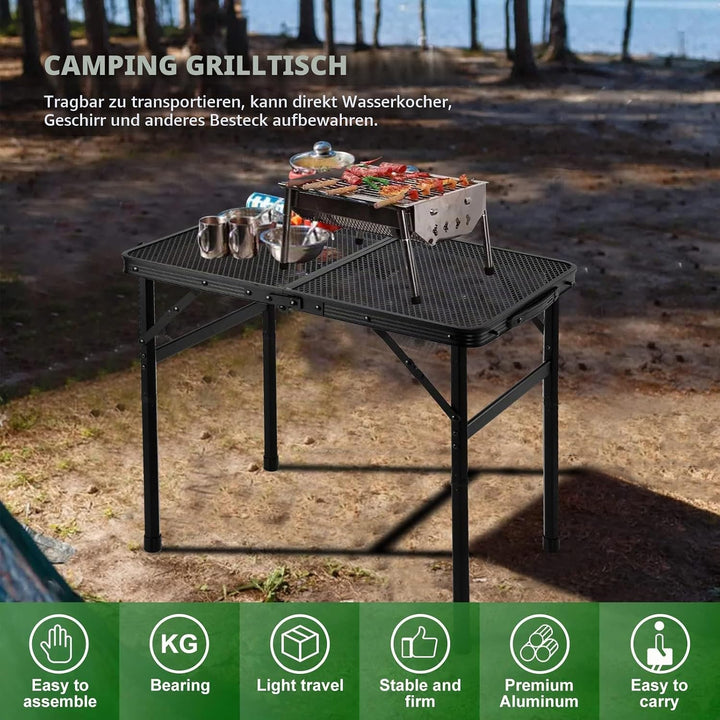Odoland 2FT Faltbarer Campingtisch, höhenverstellbarer Grilltisch mit Mesh Desktop, Outdoor-Picknick