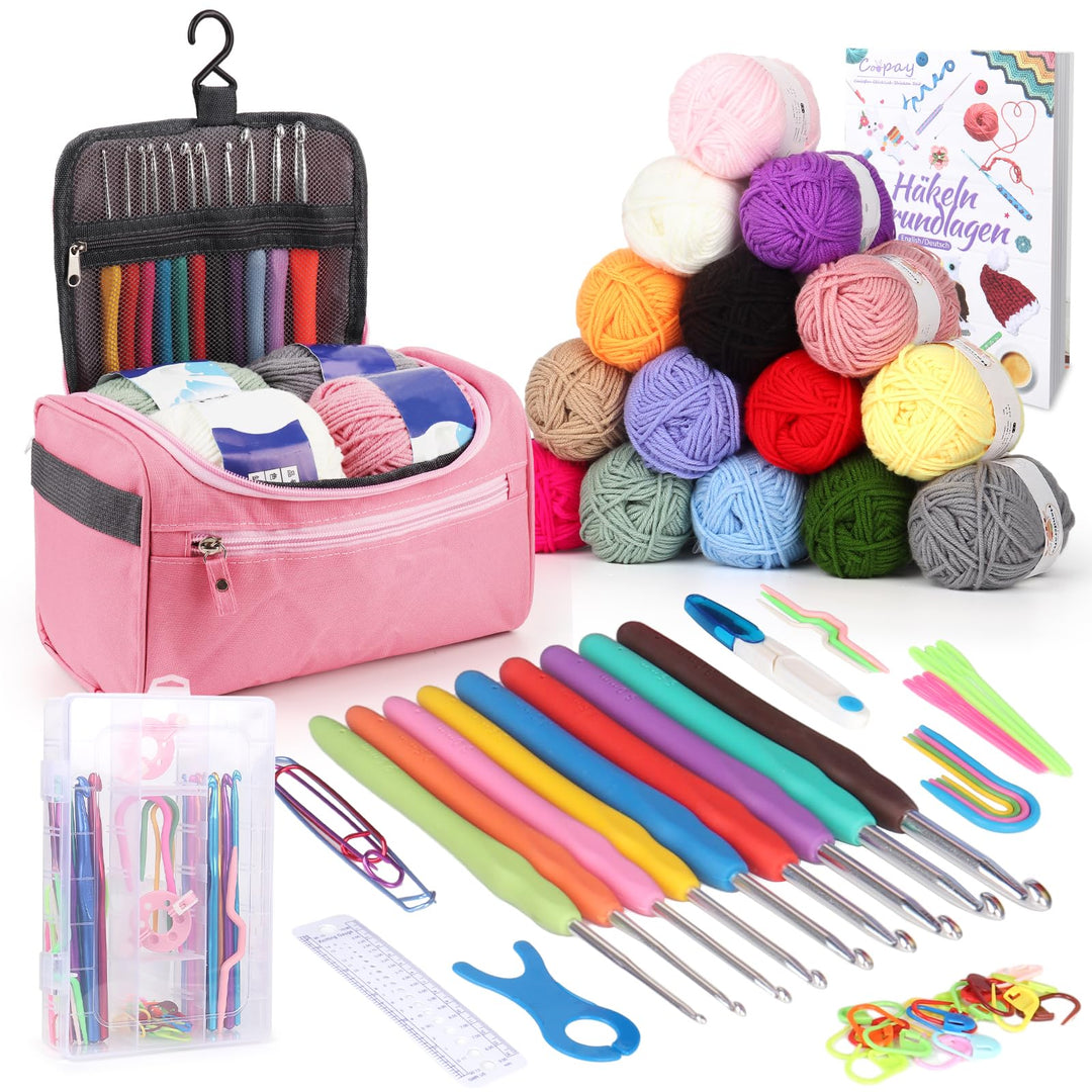 Coopay Tragbar Häkelset für Anfänger, Häkelnadel Set mit 15 Wolle, Tasche, Häkelzubehör, Ergonomisch