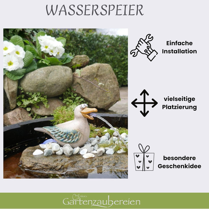 Solar-Wasserspeier Möwe für Teiche und Miniteiche - Keramik Tierfigur mit Solarpumpe - Garten und Ba