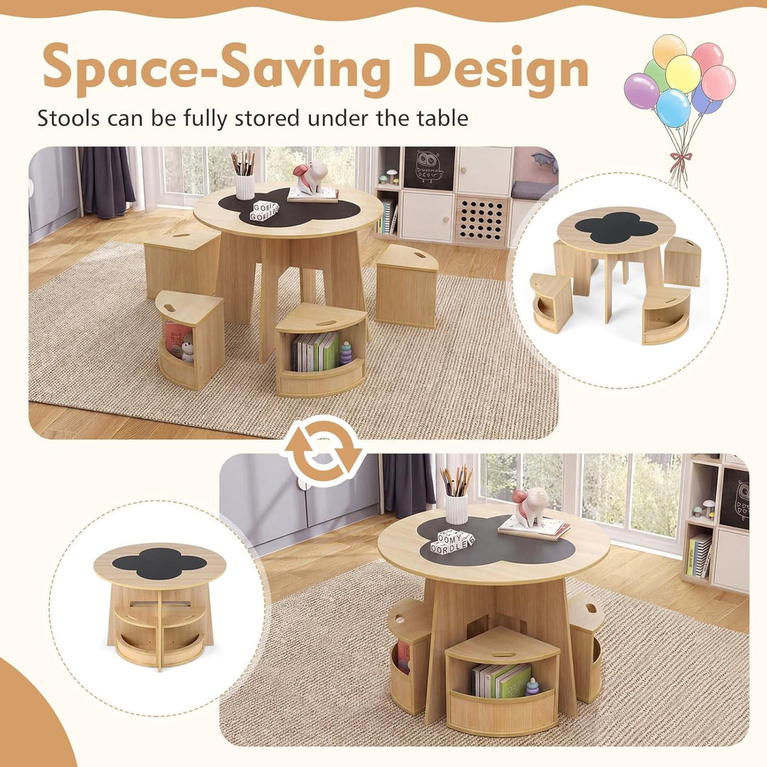 FANTASK 5-TLG. Kindertisch Stuhl Set Rund, Holztisch mit 4 Stauraumhockern, Maltisch für Kinderzimme