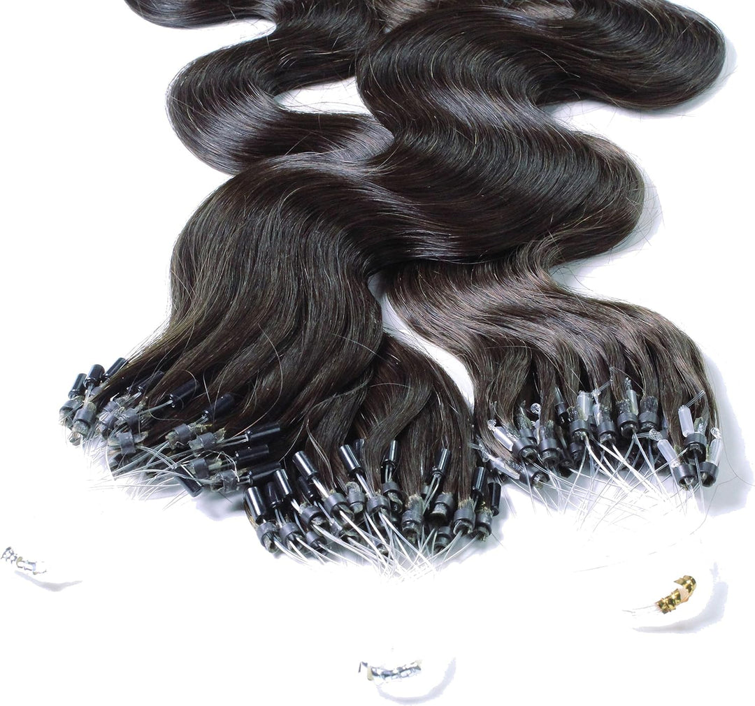 hair2heart Microring Extensions Echthaar Gewellt - 200 Strähnen 1g 50cm 4/0 mittelbraun 200 Strähnen