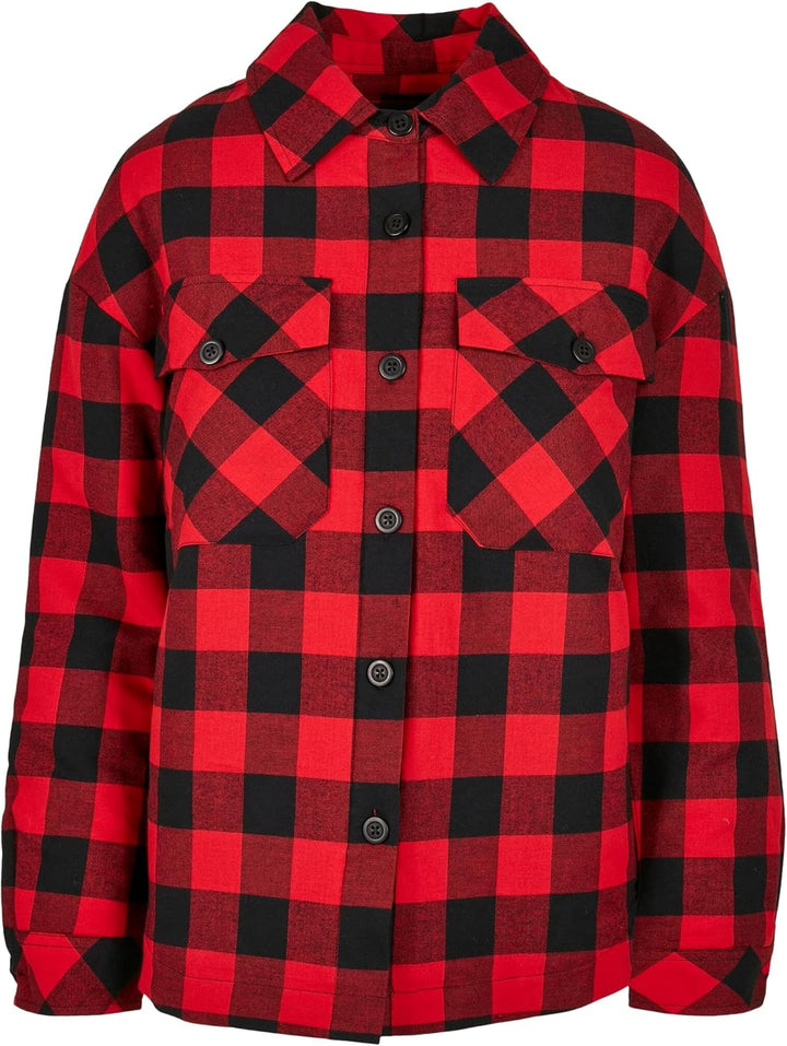 Urban Classics Damen Jacke Ladies Flanell Padded Overshirt, Frauen Hemdjacke in Holzfäller Karo, erh
