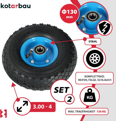 KOTARBAU® 2er Set Transportwagenrad 260 x 85mm 3.00-4 Verstärkt 4PR Reifen Komplettrad mit Achse