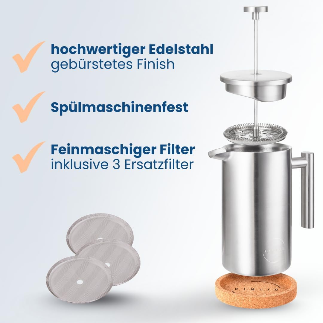 French Press Edelstahl 1000ml I Thermo Kaffeebereiter isoliert I Doppelwandig incl. 3 Ersatzfilter &
