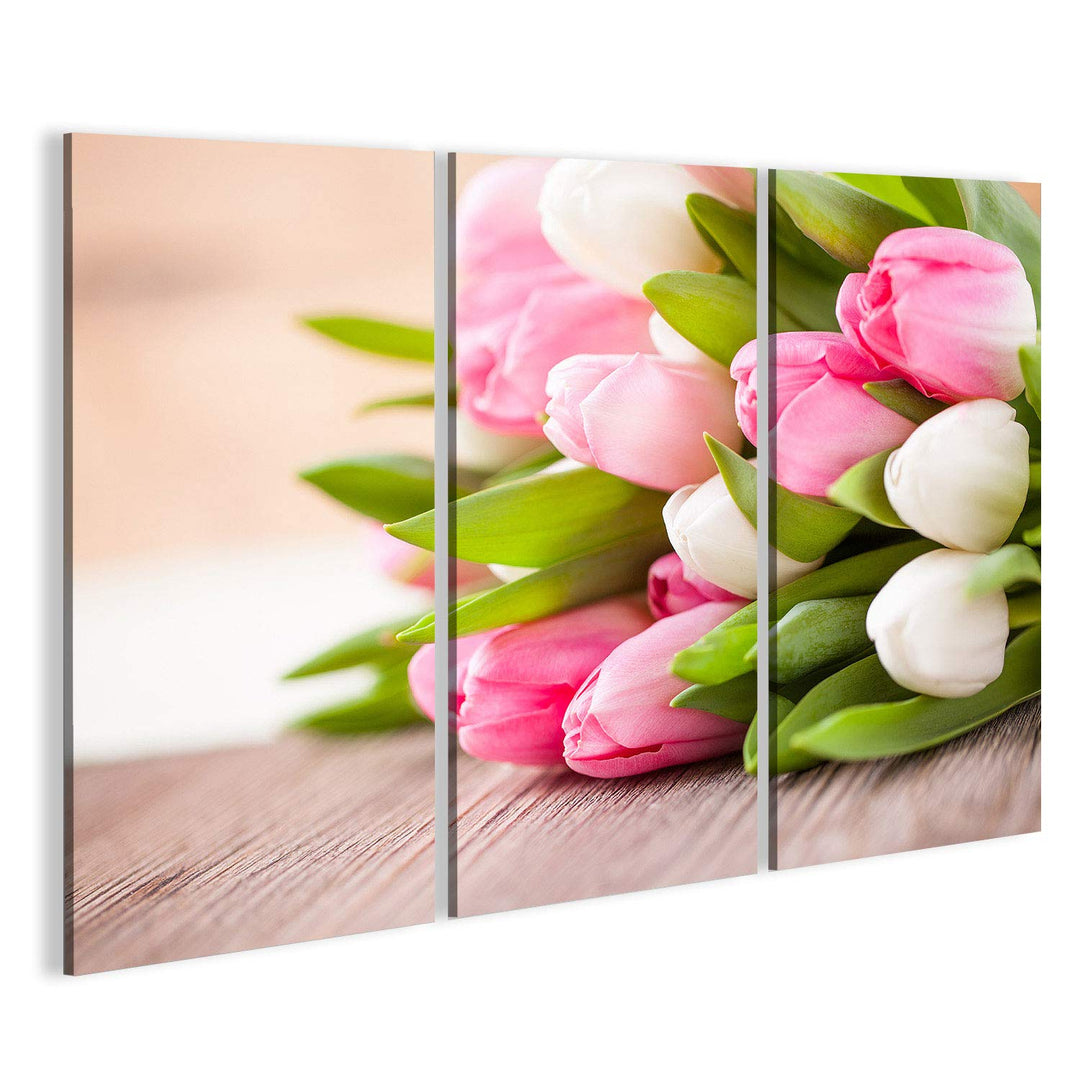 islandburner Bild auf Leinwand Strauss Tulpen Rosa Weiss Auf Tisch Bilder Wandbilder Poster Leinwand
