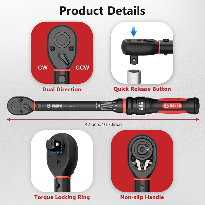 VANPO Drehmomentschlüssel 1/2 Zoll, 20-220Nm, Drehmomentschlüssel-Set inkl. 125mm Verlängerungsstang
