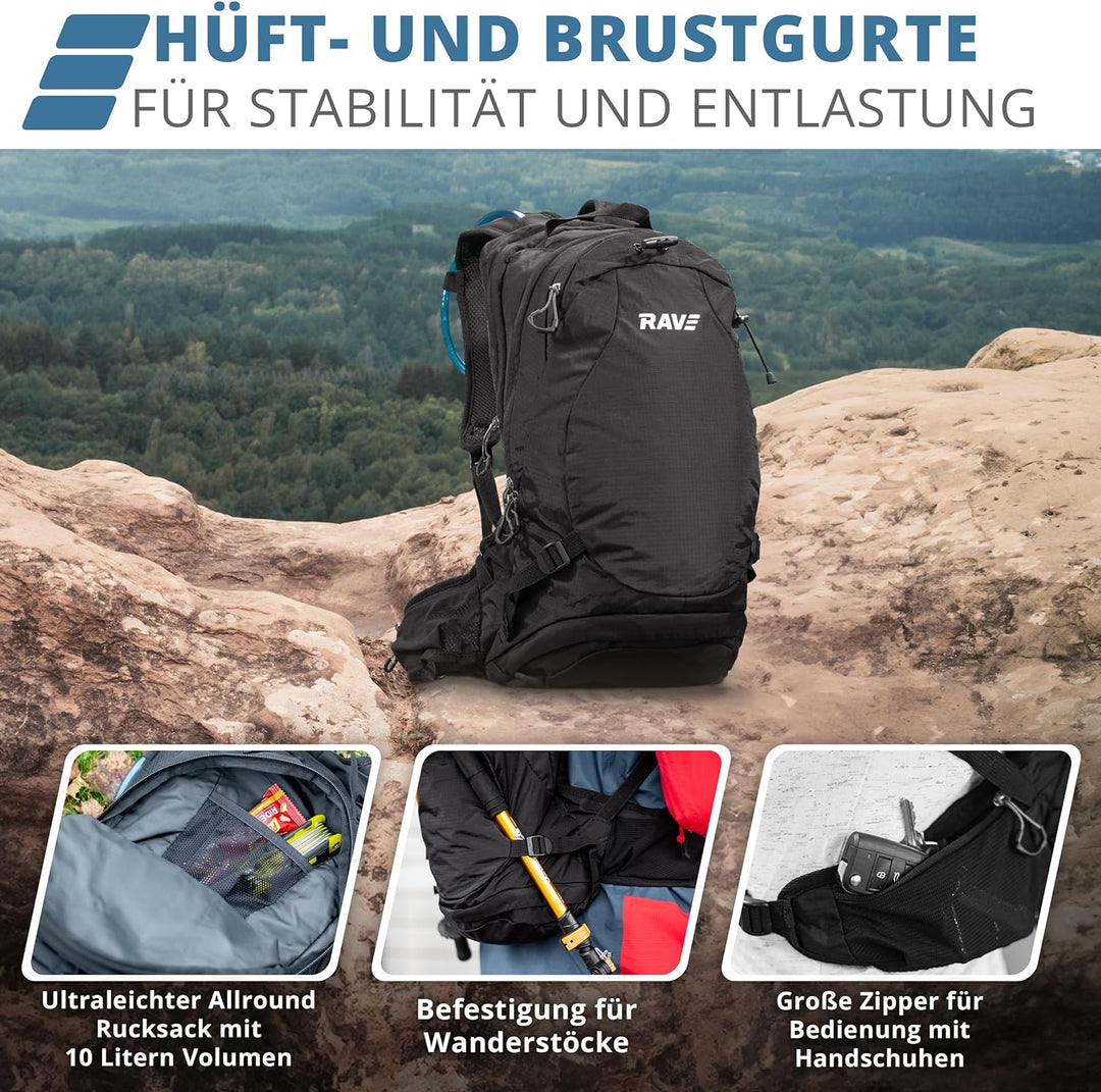 RAVE Bike &amp; Outdoor Rucksack Fahrradrucksack Trekkingrucksack 10L schwarz inkl. 2L Trinkblase