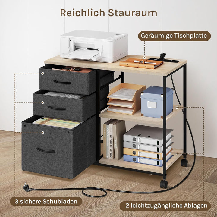WOLTU Aktenschrank mit Ladestation, Rollcontainer mit Schubladen, Büroschrank, Druckertisch mit Roll