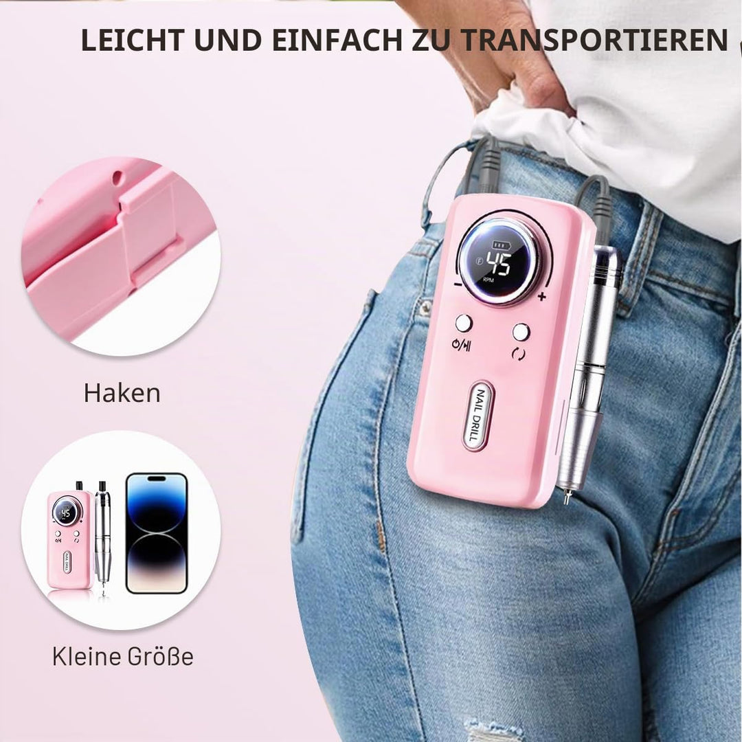 Elektrische Nagelfeile/Nagelfräser 45000 U/min [LCD+12 Köpfe] – Leise aufladbare Nagelmaschine mit 1