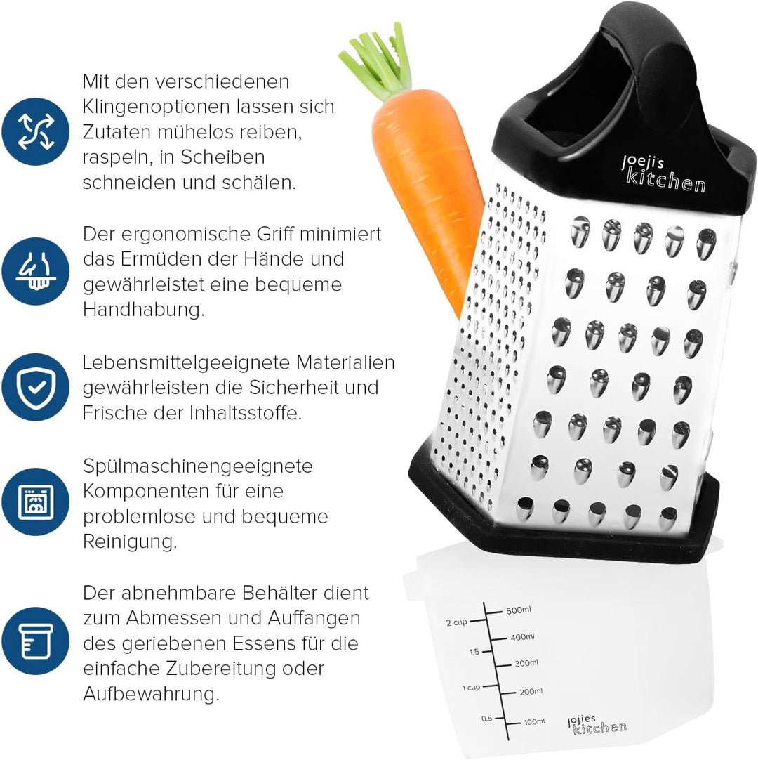 Joeji's Kitchen Käsereibe - 6-seitige Reibe mit Behälter Handreibe Hobel Zerkleinerer Zester Rutschf