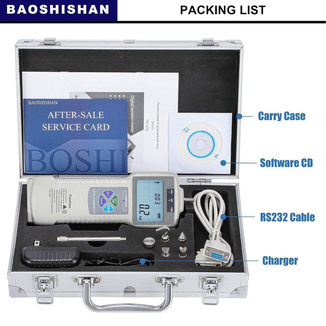 BAOSHISHAN Digitaler KraftMessgerät 500N Push-Pull-Messgerät mit USB-RS232-Schnittstelle LCD-Kraftme