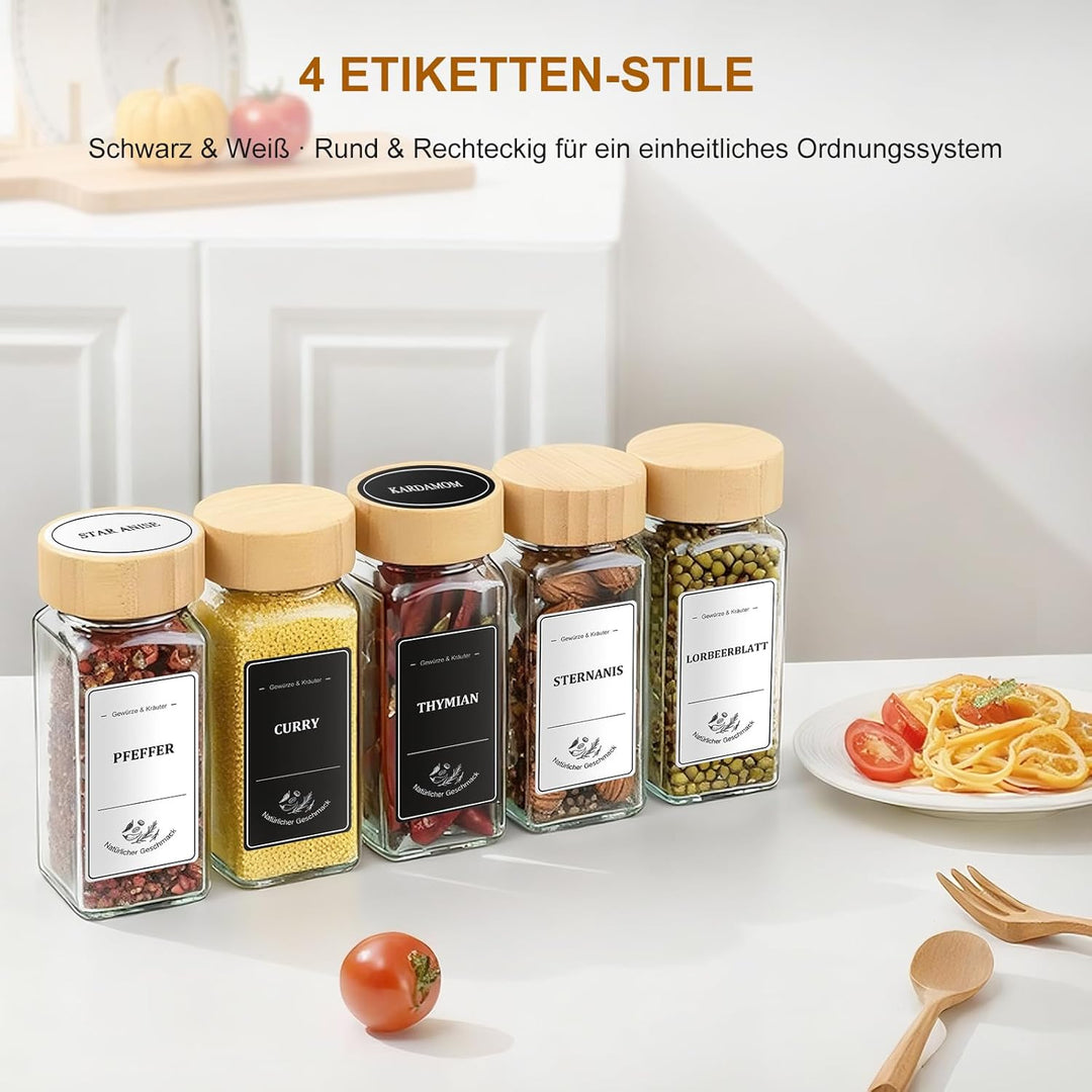 Gewürzgläser Eckig – 24er Set mit Bambusdeckel, Etiketten in Schwarz & Weiss (360 Stück) & Silikontr