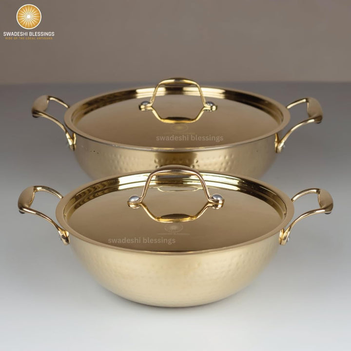 SWADESHI BLESSINGS Exklusive Range Messing Kadai zum Kochen mit Deckel/Teflonfrei/Natürlich antihaft