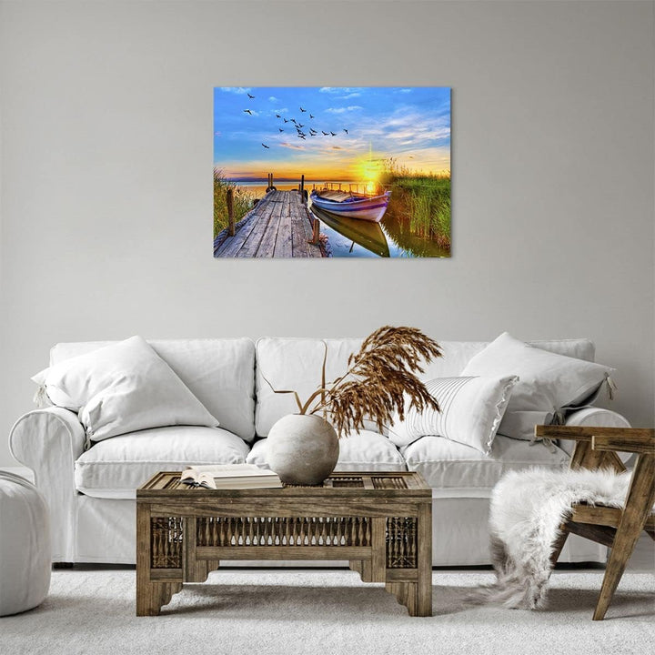 Bilder auf Leinwand See Boot Wasser Leinwandbild mit Rahmen 70x50cm Wandbilder Dekoration Wohnzimmer