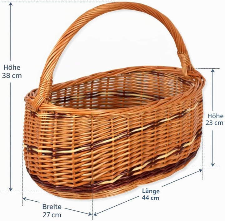 Weidenkorb mit Henkel WIKLER gross 44x27x23/38 cm – Handgefertigter Einkaufskorb aus Weide, stabiler