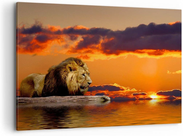 ARTTOR Bilder auf Leinwand 100x70cm Leinwandbild Löwe Sonne Landschaft Gross Wanddeko Bild Schlafzim