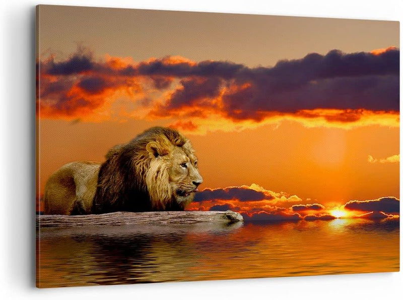 ARTTOR Bilder auf Leinwand 100x70cm Leinwandbild Löwe Sonne Landschaft Gross Wanddeko Bild Schlafzim