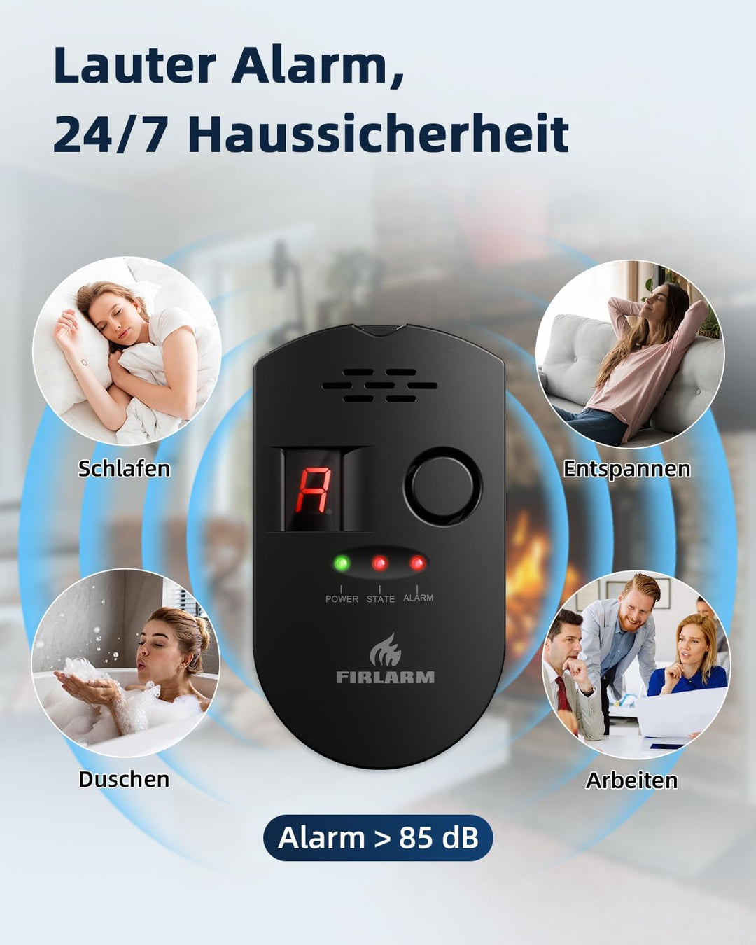 Firlarm Gasmelder, Plug-in Gaswarner mit LED Digitalanzeige und 85dB Alarm, Portable Methan Propan B