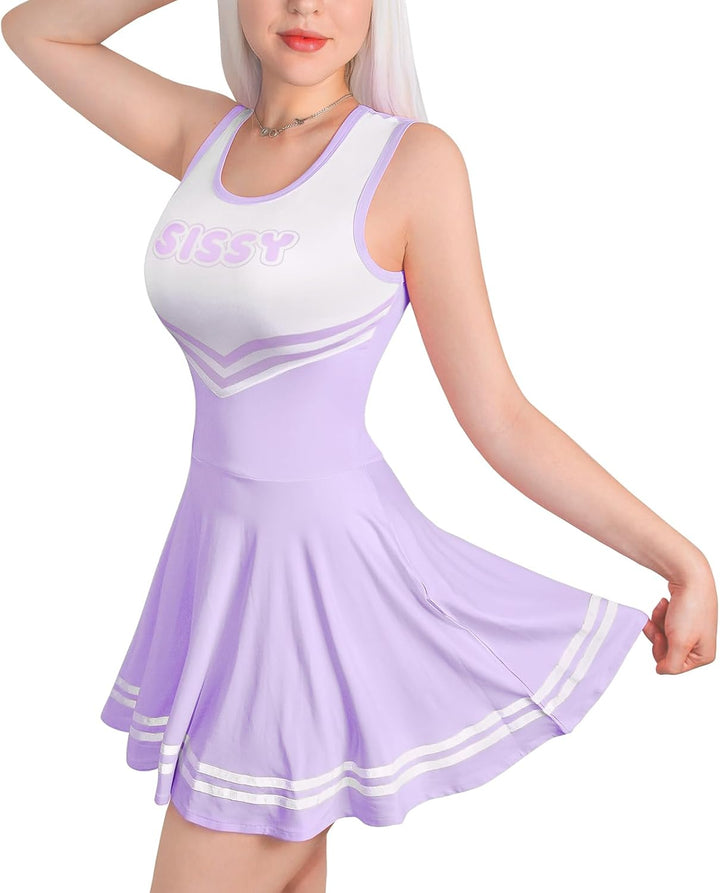 LittleForBig Damen Seidiger Ärmellose Overall Cheer Sissy Bodycon Mini Kleid Rock M Lila, M Lila