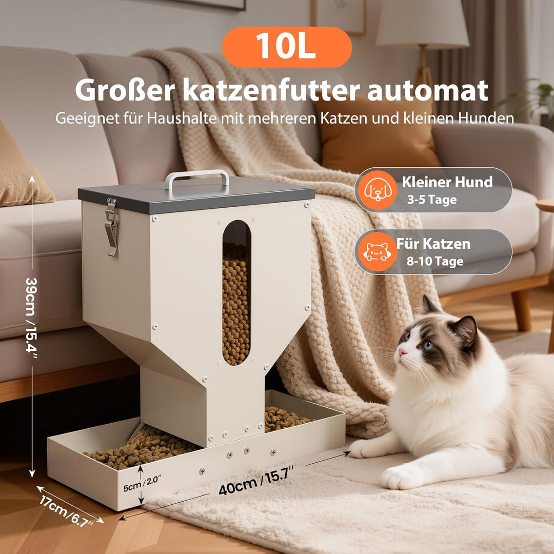 Futterautomat Katze 2 Näpfe, Trockenfutterspender für Katzen, 10l, Metall, Futterspender für Katzen