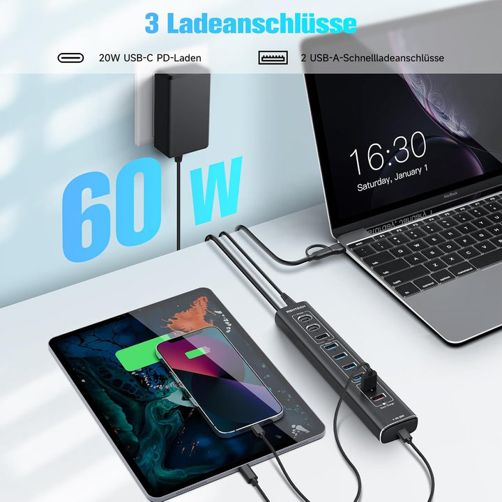 RSHTECH Aluminum 10-Port USB C 3.0/3.2 Hub Aktiv mit Netzteil, 3 * 10Gbps USB 3.2 (2*Typ-C, 1*Typ-A)
