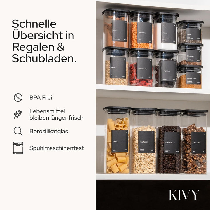 KIVY Vorratsgläser eckig [4x400ml] + Etiketten - Stapelbare & Luftdichte Aufbewahrungsgläser mit Dec