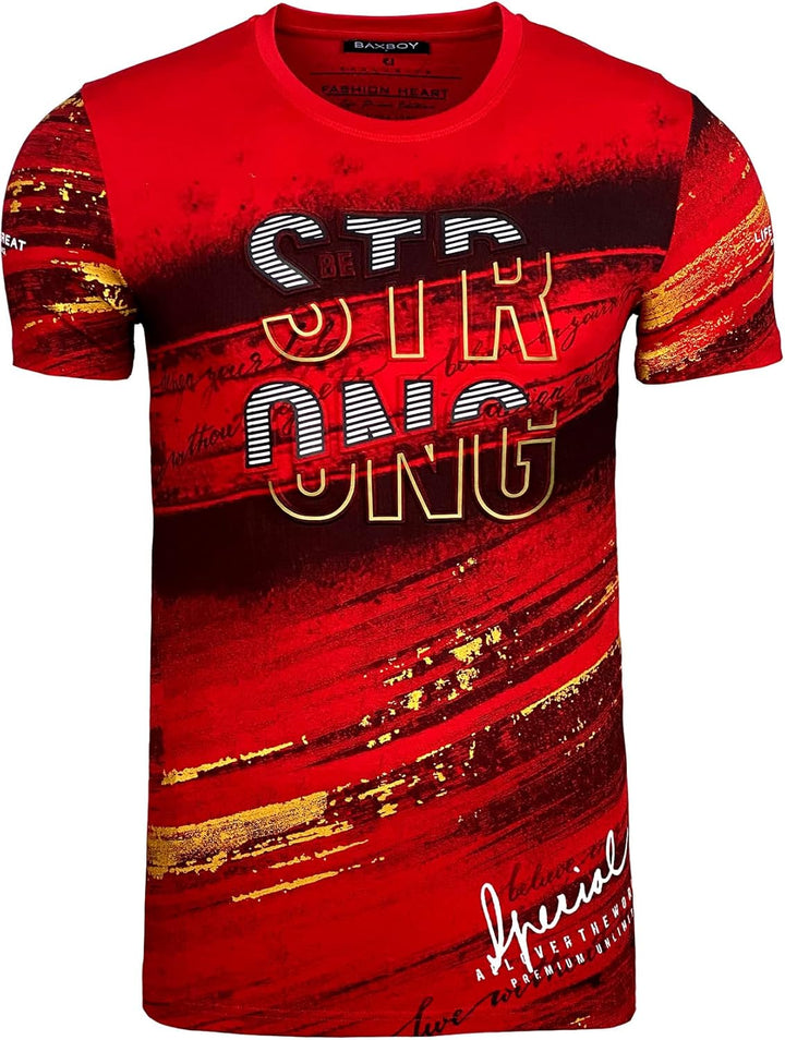 Herren Rundhals Vintage T-Shirt Kurzarm Slim Fit Design Fashion Top Print Shirt B-2778, Rot