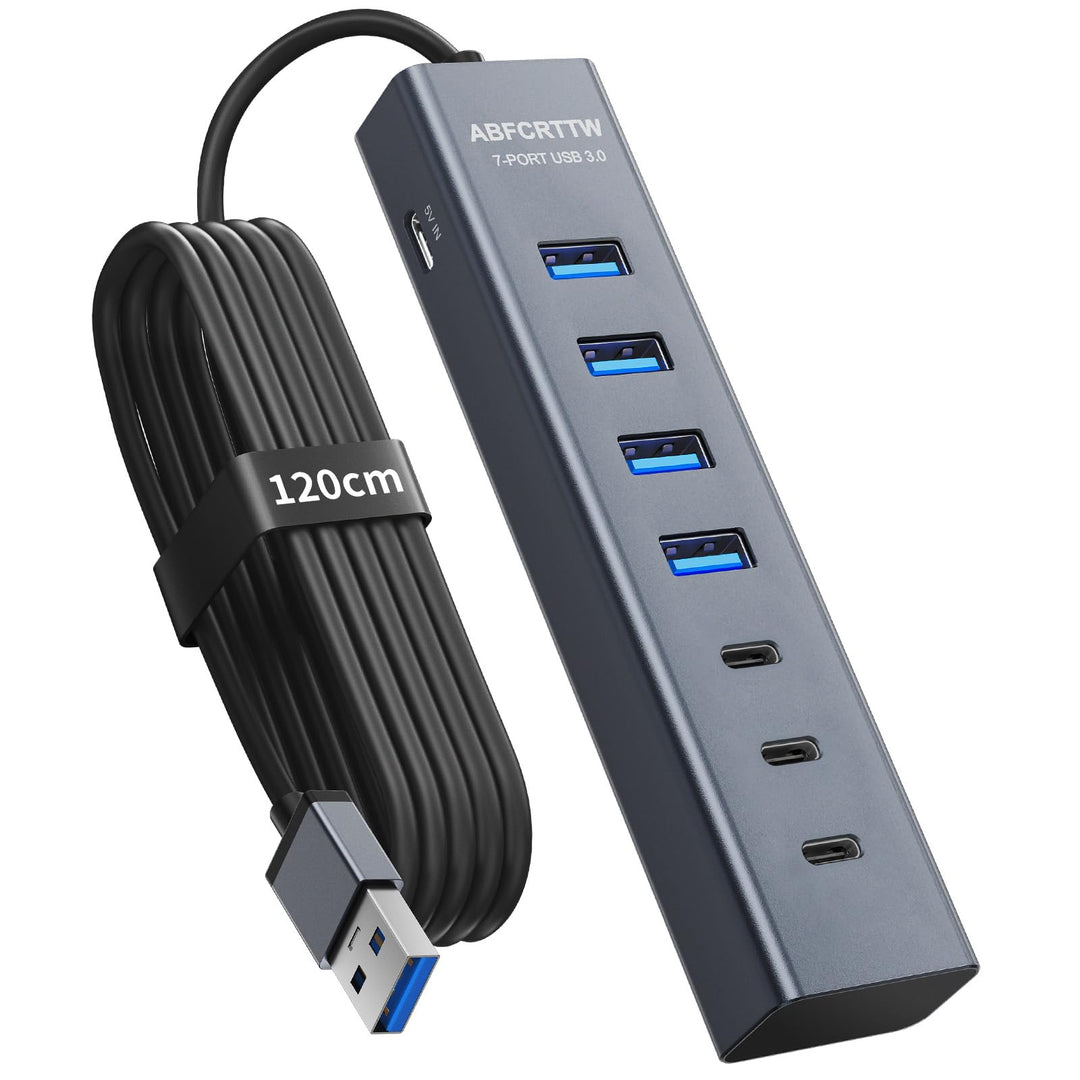 7-Port USB Hub 3.0 mit 120cm Kabel für Desktop, Aluminium USB Verteiler 5Gbps Multiport Adapter mit