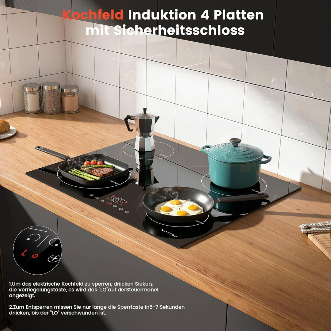 NOXTON Induktionskochfeld 60 cm mit Weisse Gläser und blaues Bedienfeld, Induktionsfeld Flexzonen 3
