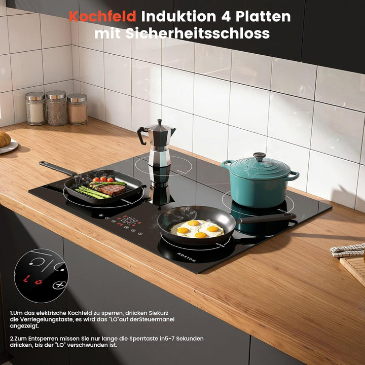 NOXTON Induktionskochfeld 60 cm mit Weisse Gläser und blaues Bedienfeld, Induktionsfeld Flexzonen 3