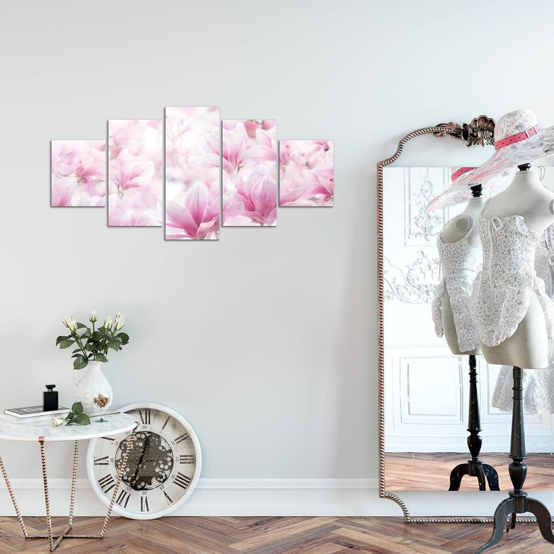 Runa Art Wandbilder Blumen Magnolien 5 Teilig Bild auf Vlies Leinwand Deko Wohnzimmer Blumenmotiv Ro